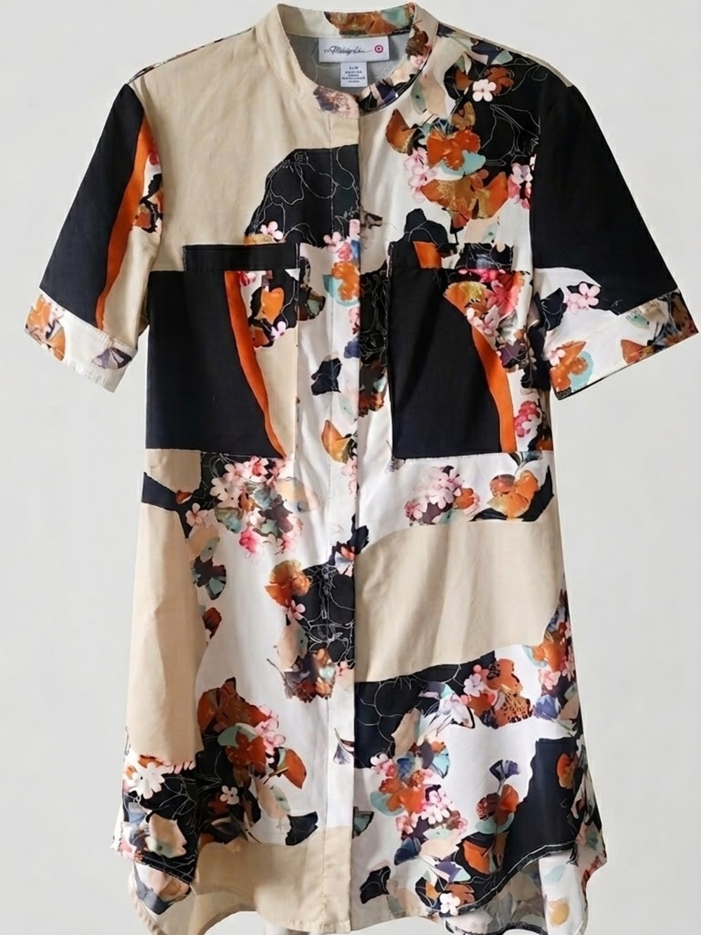 3.1 Phillip Lim Floral Patchwork Short-Sleeve Dress in Black, Cream, Orange